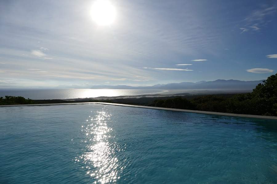 Blick vom Infinity Pool der Forest Lodge von Grootbos