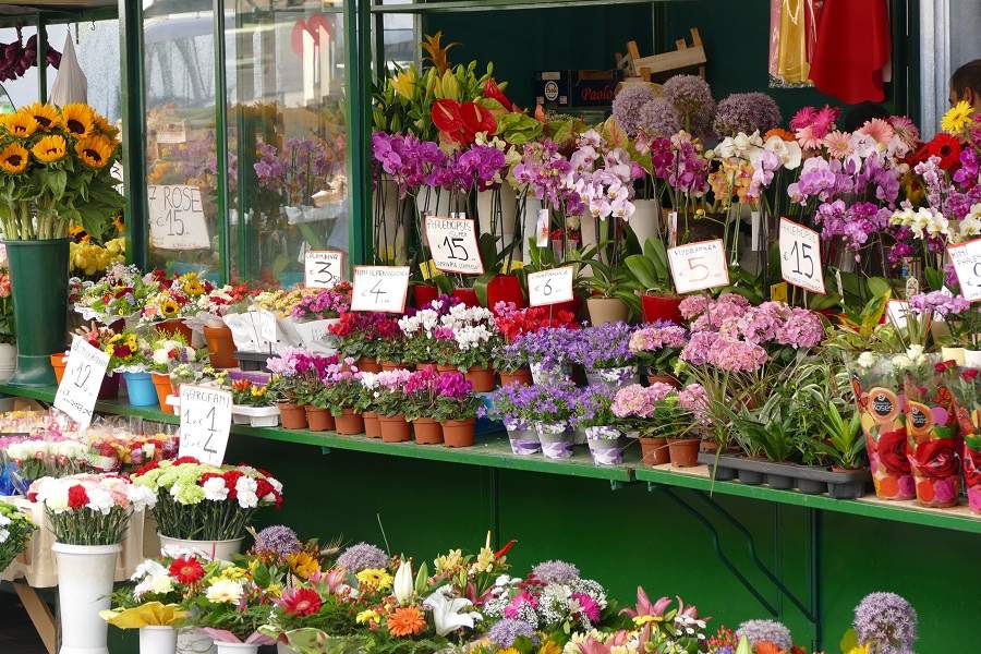 Blumenstände auf dem Obstmark in Bozen