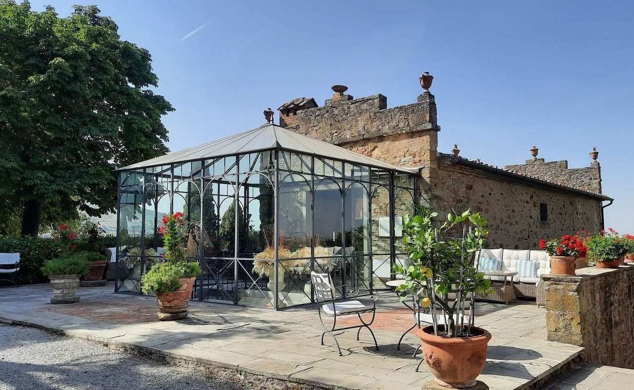 Il Falconiere Restaurant Glashaus Eingang des Restaurants im Il Falconiere