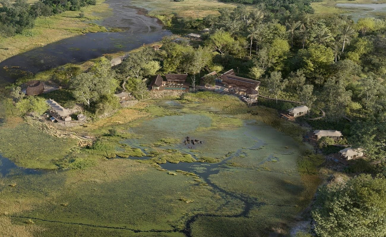 Atzaro Okavango Luftaufnahme Gesamtansicht des Luxuscamps Atzaro Okavango